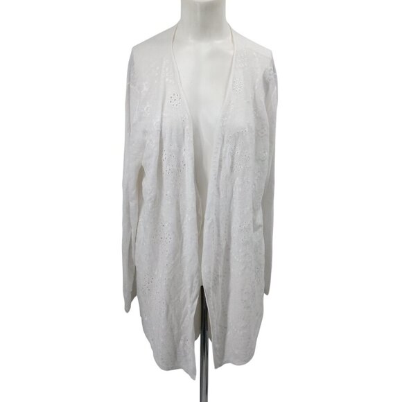 J Jill White Eyelet Open Front Lightweight Linen Cardigan Size L Embroidered - Picture 8 of 12